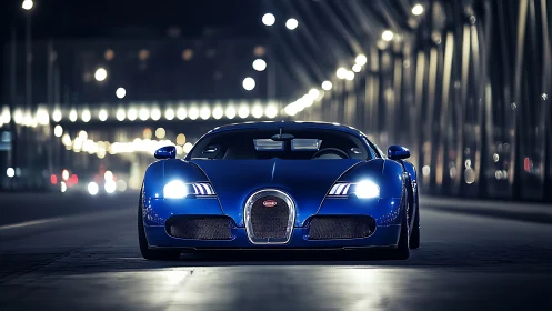 Blue sports car on illuminated city bridge at night.