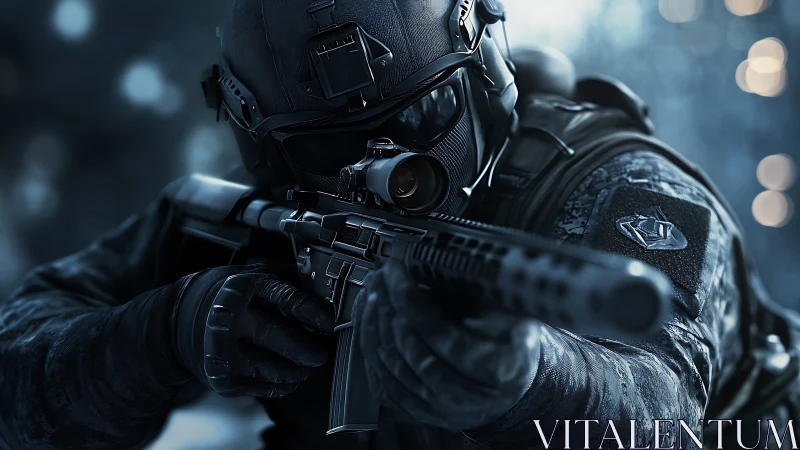 Tactical sniper operative aiming rifle in frozen blue haze.