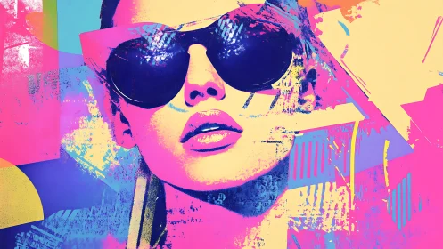 Bold neon portrait of woman in sunglasses on abstract background.