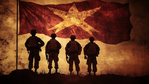 Soldiers stand silhouetted before large stylized war flag