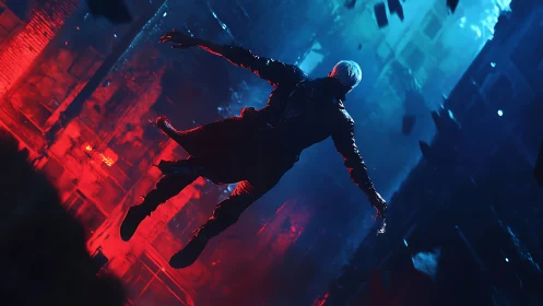 Cyberpunk figure descends through red blue fractured city