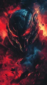 Cybernetic war helm in infernal nebula field composition.