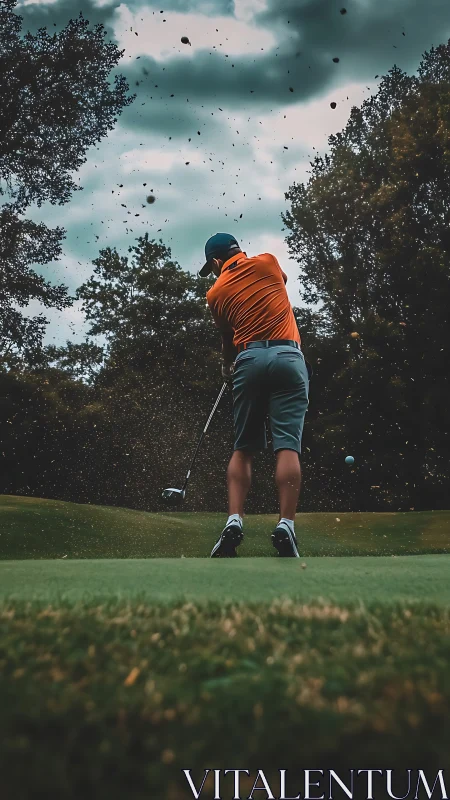 Golfer drives the ball through stormy, dramatic skies