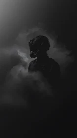 Solitary tactical soldier in gas mask emerging from smoke.