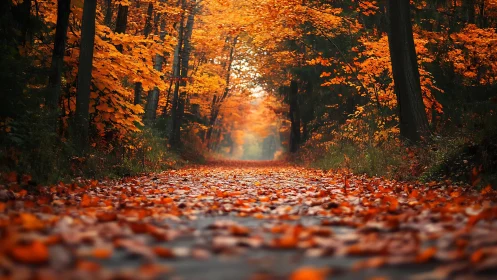 Autumn forest canopy with golden foliage creating atmospheric tunnel perspective