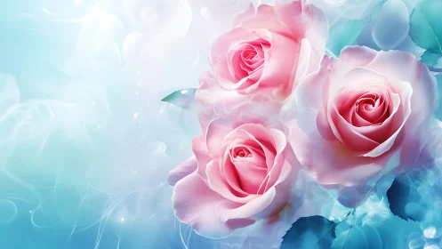 Pink Roses Bloom in Ethereal Blue Reverie.
