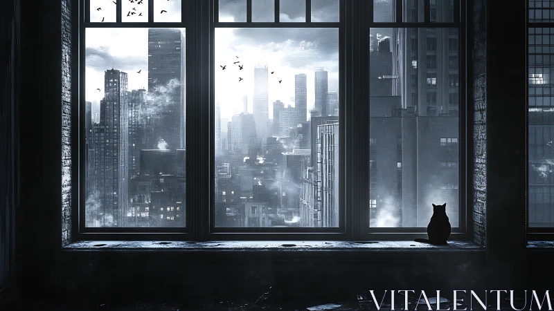 Urban high-rise skyline viewed through large window frame.