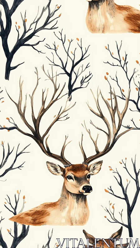 Elegant stag portraits repeat among winter forest branches