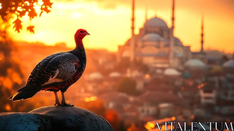 Photorealistic sunset bird study with mosque skyline bokeh.