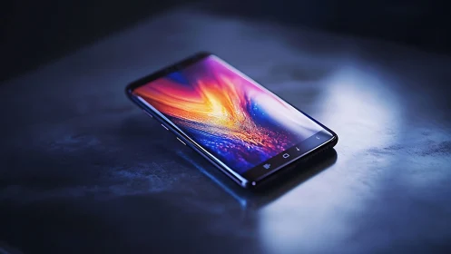 Bezel-less smartphone glowing on reflective dark surface.