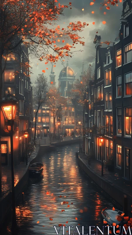 Canal cityscape with autumn foliage and illuminated windows.
