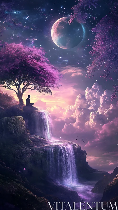 Celestial waterfall landscape with meditating figure under nebula sky