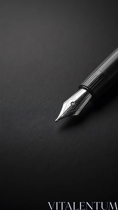 Fountain pen nib rests diagonally on dark textured surface