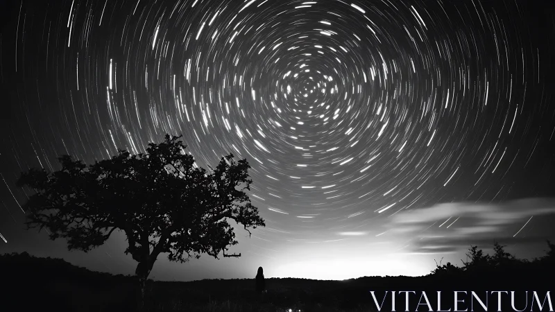 Monochrome long‑exposure star trail sky with silhouetted tree.