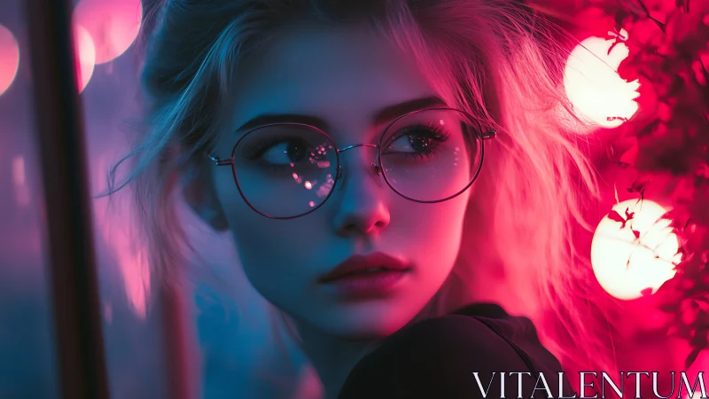 Portrait of pensive girl in neon bokeh city lights