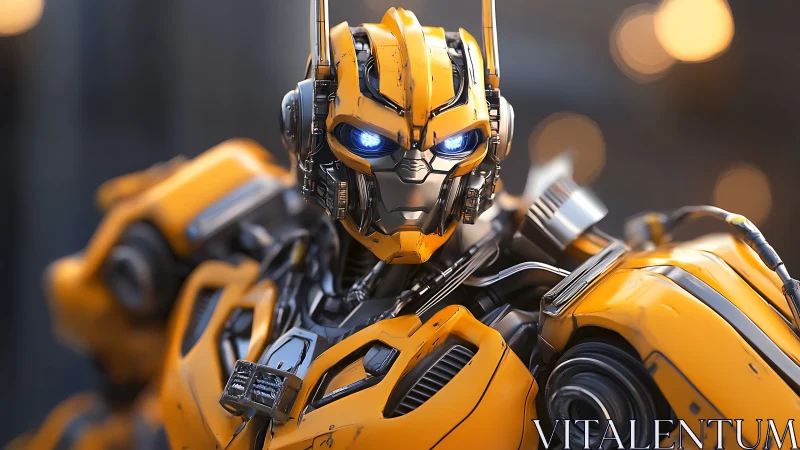 Yellow combat mech portrait with cinematic bokeh lighting.