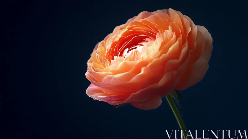 Coral Ranunculus Illuminated Against Deep Navy Backdrop.