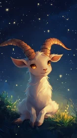 Gentle starry night goat resting under a glowing sky.