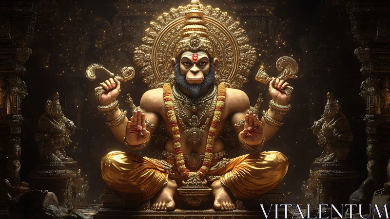 Divine simian deity in ornate golden temple throne rendering.