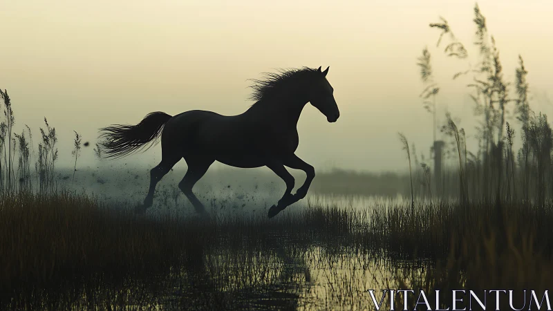 Silhouette of a horse moving through shallow wetland water.