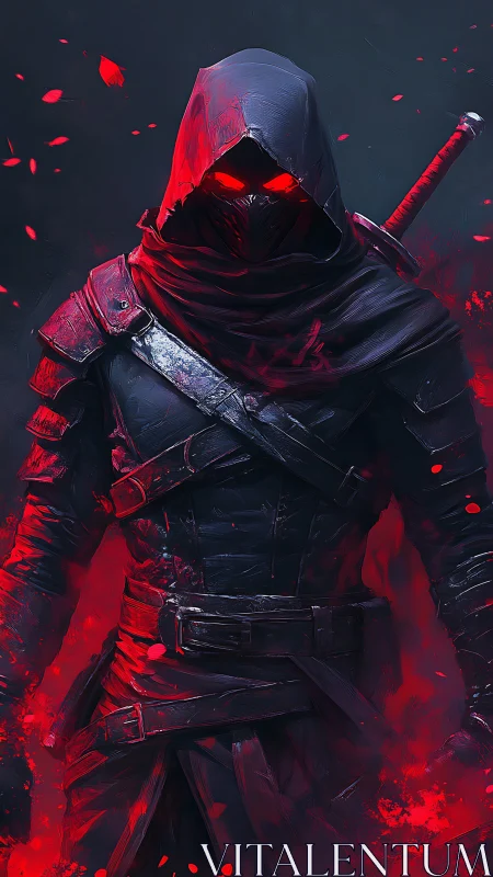 Hooded red‑eyed warrior in dark armor with sword drawn.