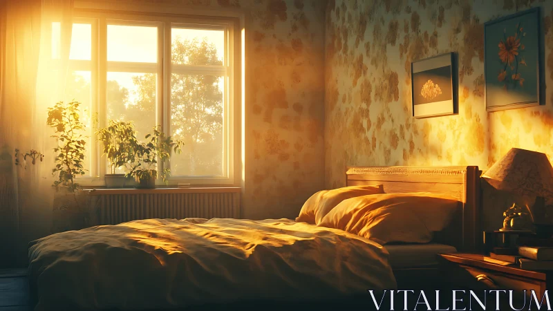 Morning sunlit bedroom with golden haze and soft linens.
