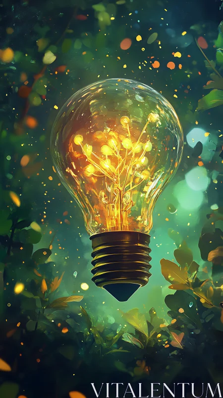 Illuminated glass light bulb with bokeh in dense foliage.