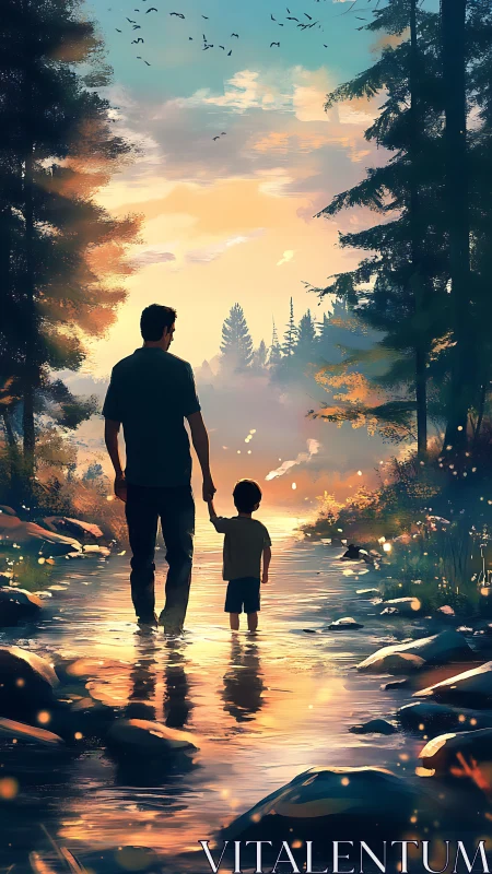 Golden creek stroll captures a tender father and child moment