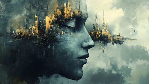 Surreal profile with abstract cityscape integration.