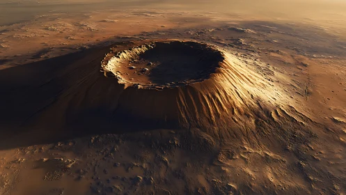 Aerial Martian caldera with stratified erosional escarpment.