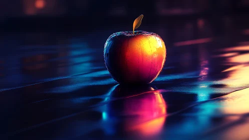 Glossy digital apple reflects neon light on wet surface