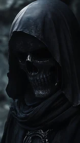 Hooded skeletal reaper rendered in moody low key lighting.