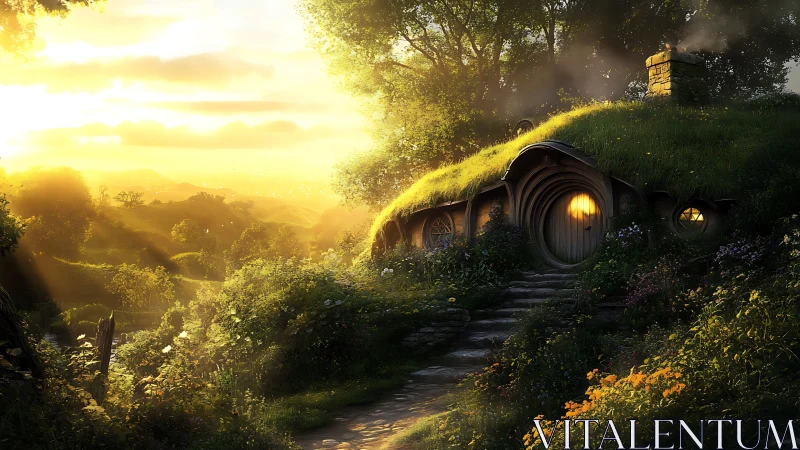 Sunlit hobbit hill house glows under warm golden sunrise
