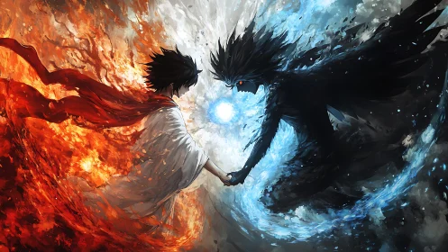 Elemental duel unites fire and ice in dramatic balance.