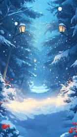 Lamp-lit snowfall hushes a midnight forest into bright calm