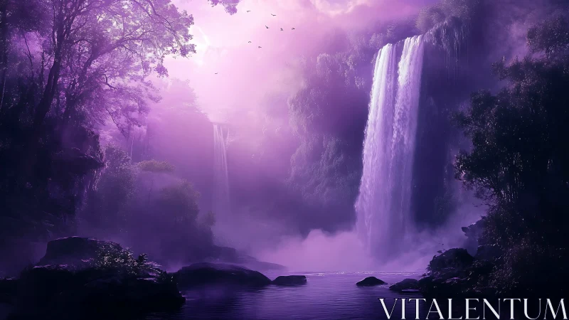Dreamy violet waterfall oasis wrapped in soft forest light.