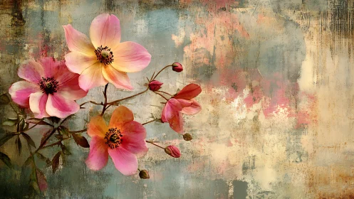 Vintage Floral Composition with Distressed Botanical Texture.