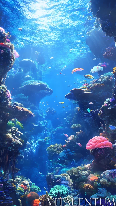 Sunlit coral canyon where neon reef kingdoms drift upward.