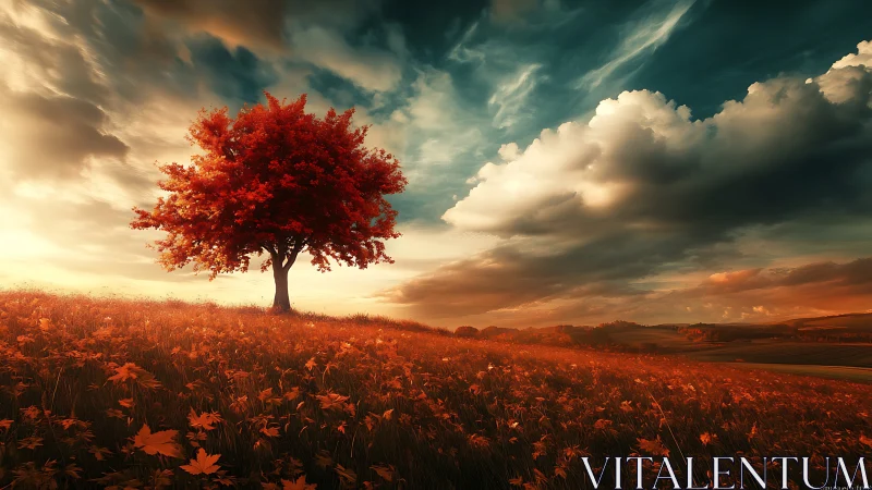 Solitary red-leaved tree on sloping field under clouded sky.