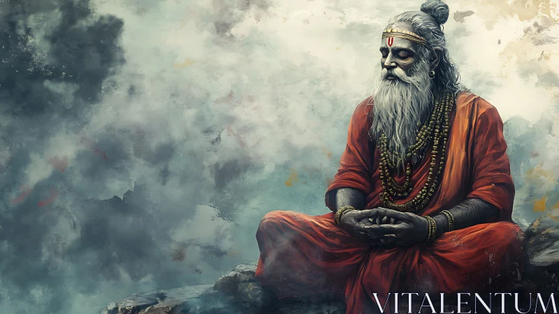 Serene sage in orange robes rests calmly above drifting clouds