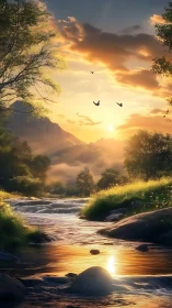 Golden river sunset under glowing clouds and distant hills.