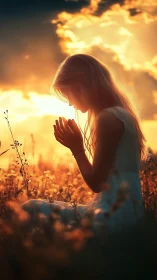 Silhouetted girl sits in backlit field at low sun angle