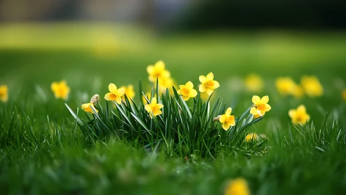 Yellow Daffodils in Spring Meadow Captured with Shallow Depth