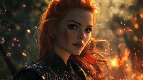 Red-haired warrior in armor amid sparks at sunset.