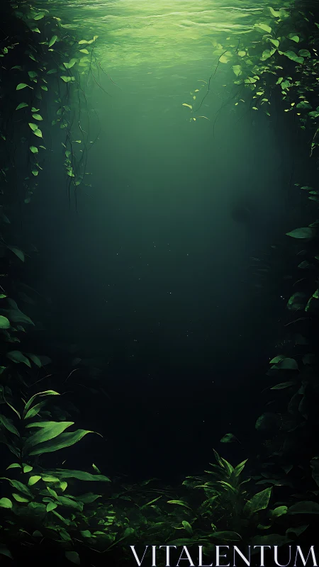 Secret green lagoon beneath the quiet forest pond.