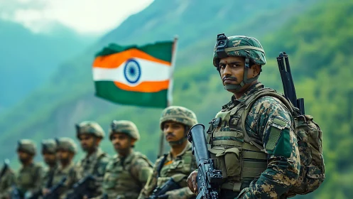 Indian soldiers in mountain terrain with flag in focus.