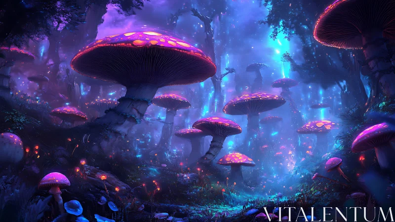 Mushroom forest with bioluminescent caps in blue light.