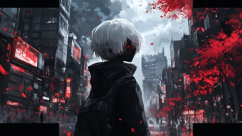 White-haired figure surveys neon dystopian cityscape at dusk