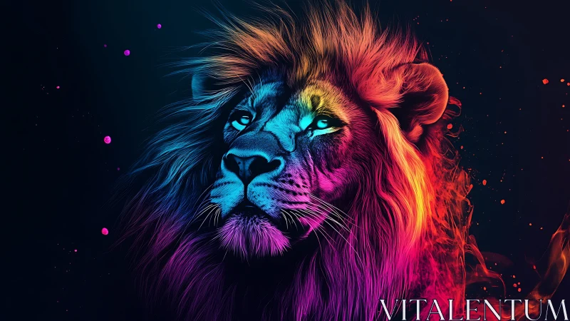 Neon lion portrait blazing in vibrant spectral colors.