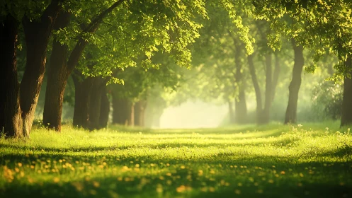 Sunlit Forest Pathway with Lush Greenery, Soft Morning Light.